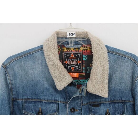 Dravus Denim Jeans Jacket Sherpa Collar Native Pattern Lining Size Large - Picture 2 of 10